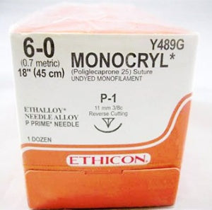 Absorbable Suture with Needle Monocryl Poliglecaprone P-1 3/8 Circle Precision Reverse Cutting Needle Size 6-0 Monofilament 