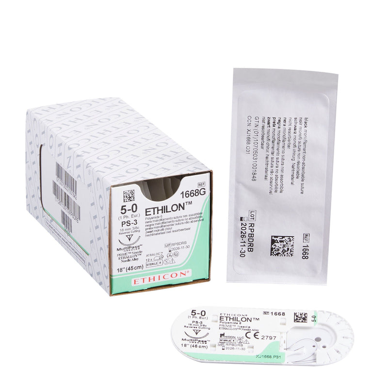 Nonabsorbable Suture with Needle Ethilon Nylon PS-3 3/8 Circle Reverse Cutting Needle Size 5-0 Monofilament (Box of 12)