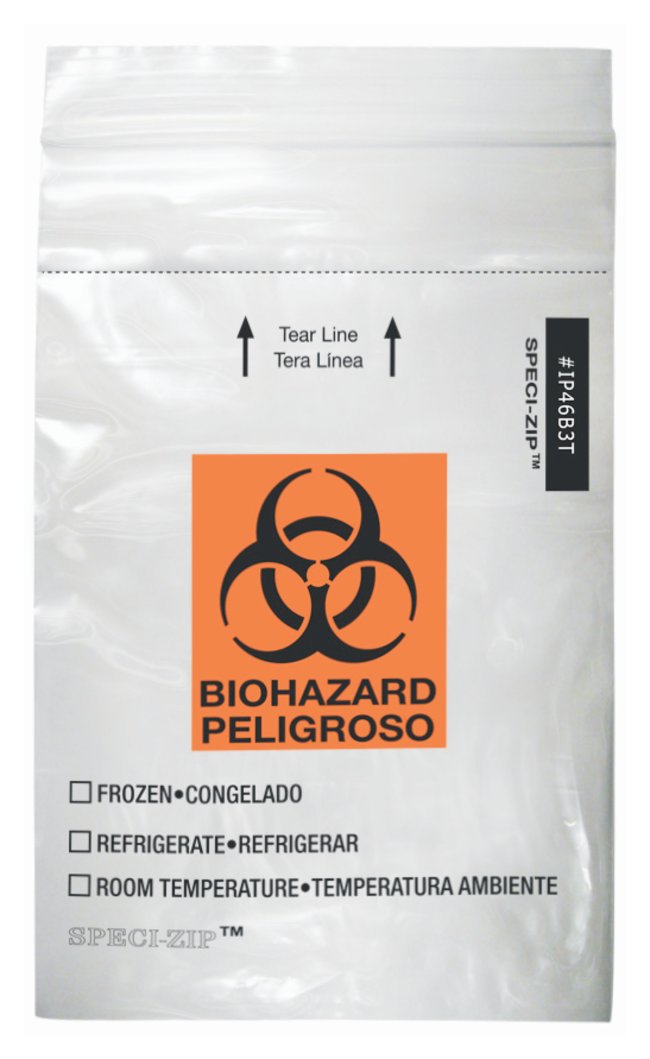 Specimen Transport Bag with Document Pouch Minigrip SPECI-ZIP 4 X 6 Inch Zip Closure Biohazard Symbol / Storage Instructions NonSterile (Case of 1000)