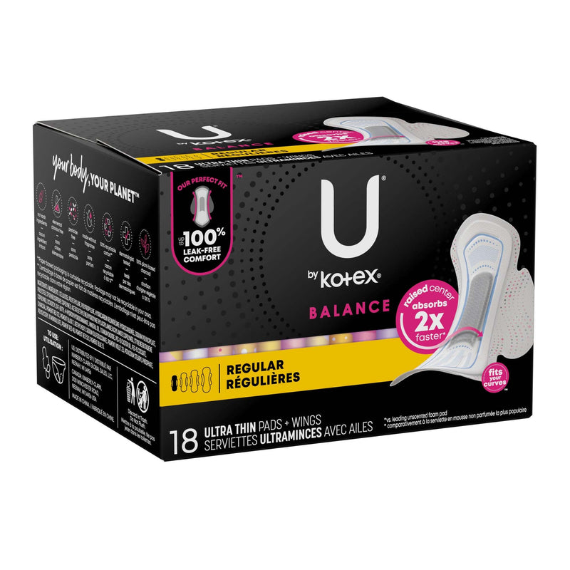 U by Kotex Balance Ultra Thin Charcoal Pads with Wings, Regular (Case of 108)