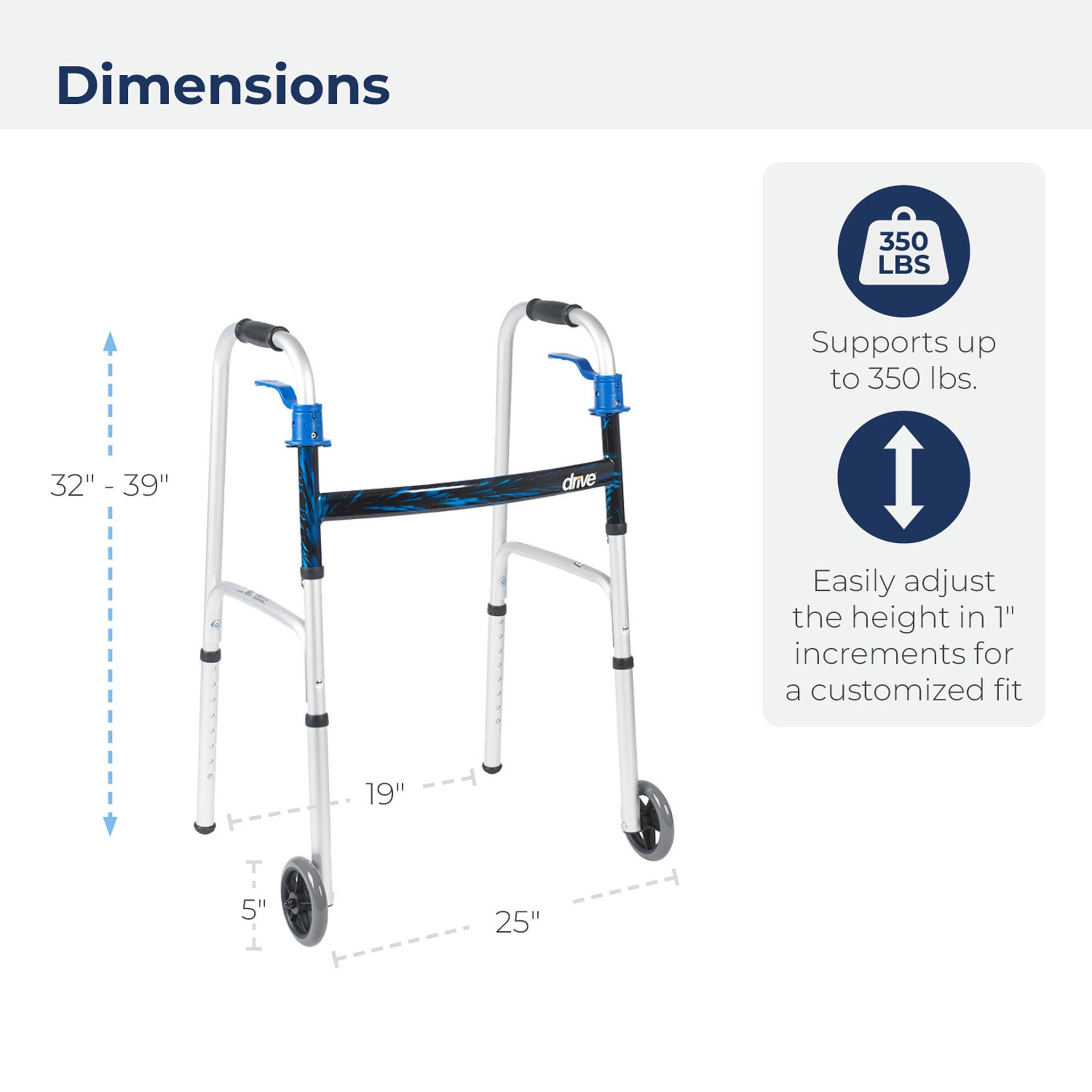 drive Aluminum Dual Release Folding Walker, 32 – 39 Inch Height (Each)