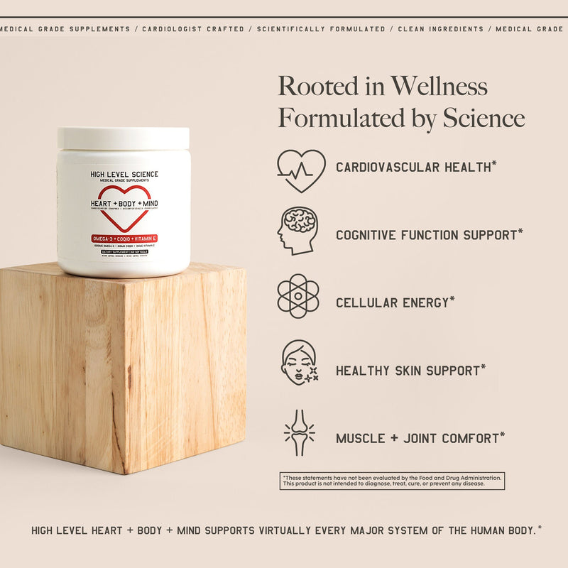 High Level Science Heart + Body + Mind Supplement, Omega-3, CoQ10 & Vitamin E (Case of 24)