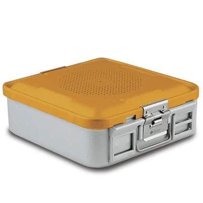 SklarLite Sterilization Container - Half-Size, Standard Lid, Perforated Bottom, 11-1/4" x 11" x 4", Yellow - 10-4514