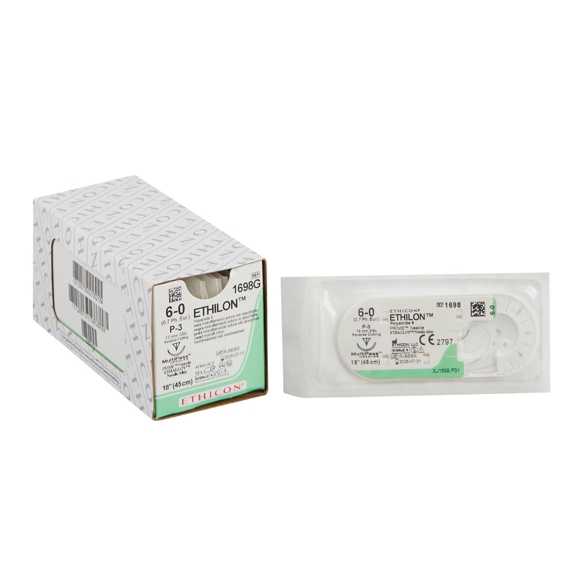 Nonabsorbable Suture with Needle Ethilon Nylon P-3 3/8 Circle Precision Reverse Cutting Needle Size 6-0 Monofilament (Box of 12)