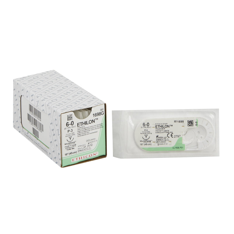Nonabsorbable Suture with Needle Ethilon Nylon P-3 3/8 Circle Precision Reverse Cutting Needle Size 6-0 Monofilament 