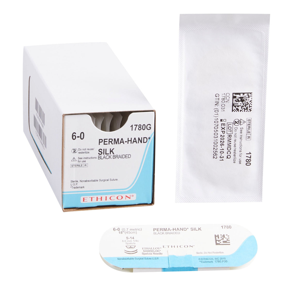 Nonabsorbable Suture with Needle Perma-Hand Silk S-14 1/4 Circle Spatula Needle Size 6-0 Braided (Box of 12)