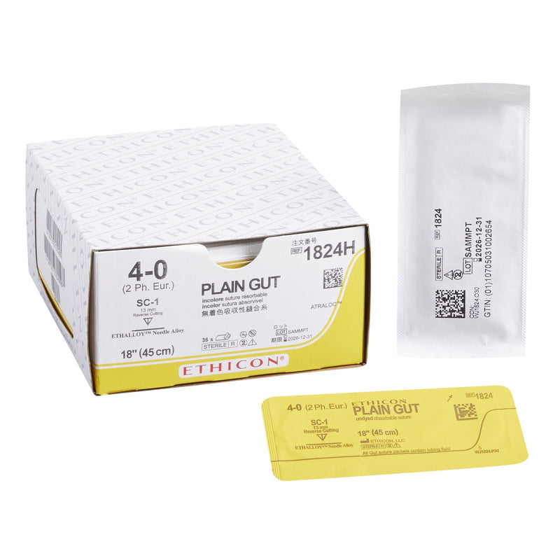 Absorbable Suture with Needle GUT PLAIN Plain Gut SC-1 Straight Reverse Cutting Needle Size 4-0 Monofilament 