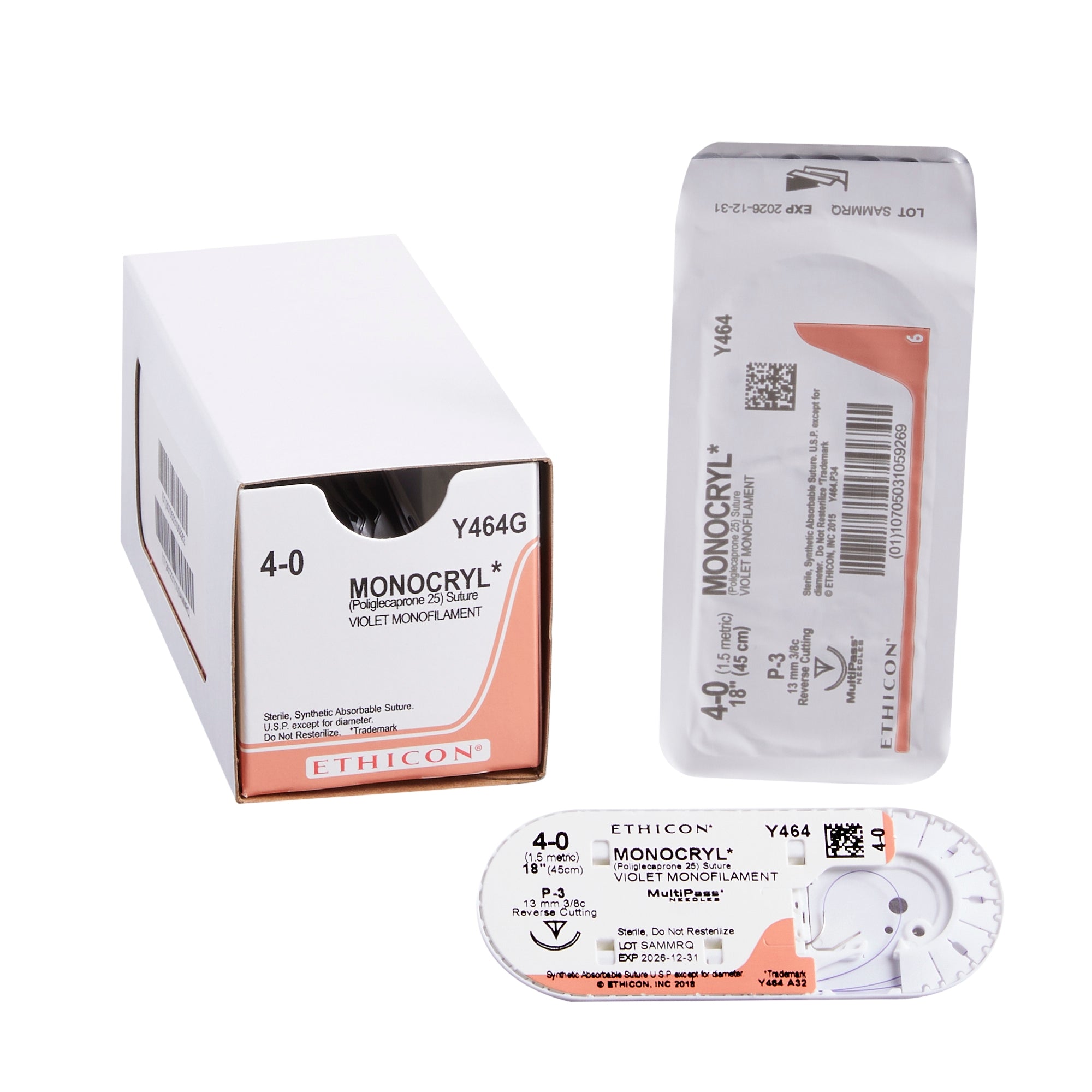 Absorbable Suture with Needle Monocryl Poliglecaprone P-3 3/8 Circle Precision Reverse Cutting Needle Size 4-0 Monofilament 
