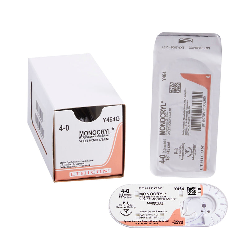Absorbable Suture with Needle Monocryl Poliglecaprone P-3 3/8 Circle Precision Reverse Cutting Needle Size 4-0 Monofilament 