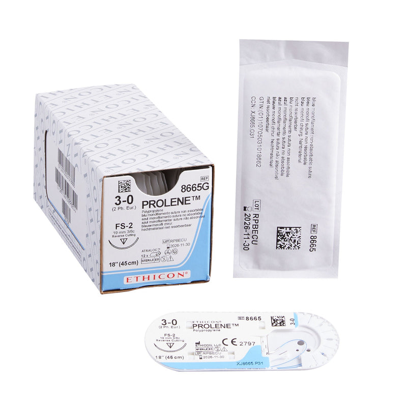 Nonabsorbable Suture with Needle Prolene Polypropylene FS-2 3/8 Circle Reverse Cutting Needle Size 3-0 Monofilament (Box of 12)