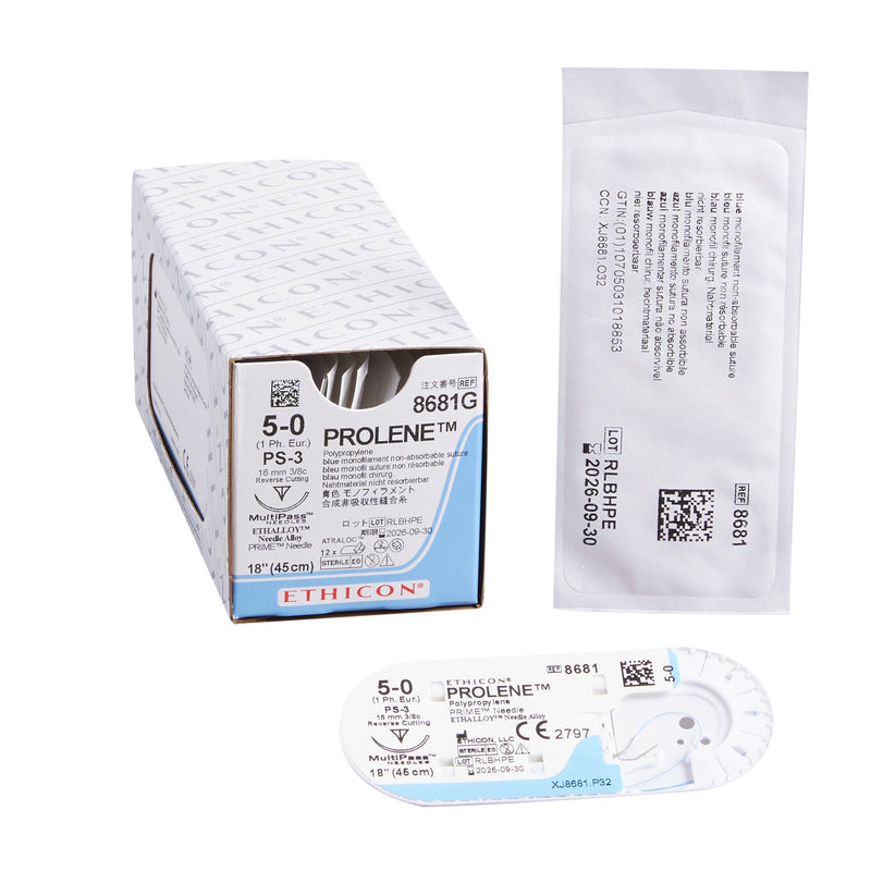 Nonabsorbable Suture with Needle Prolene Polypropylene PS-3 3/8 Circle Reverse Cutting Needle Size 5-0 Monofilament (Box of 12)