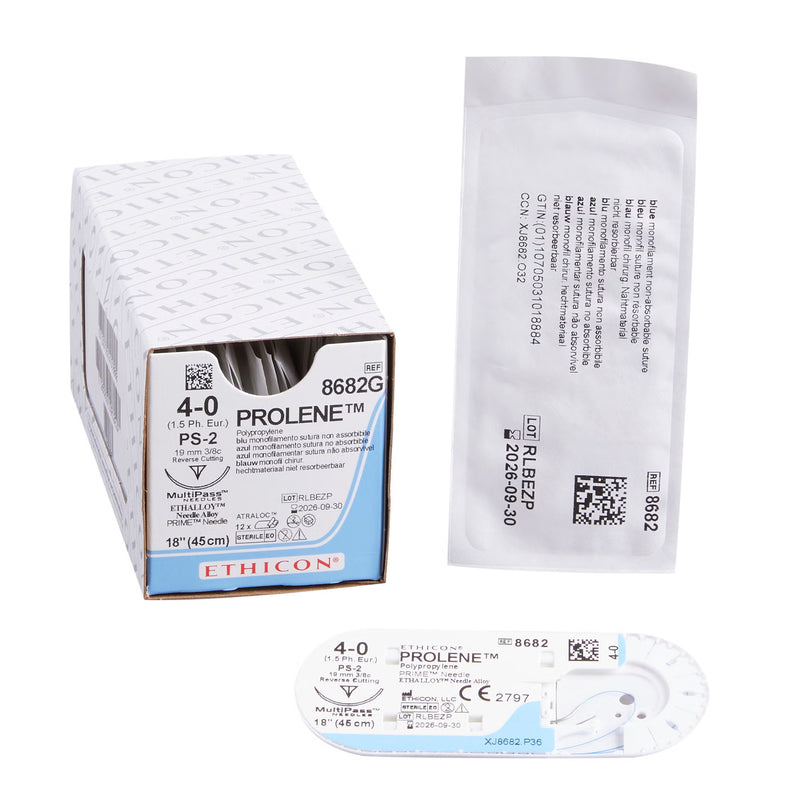 Nonabsorbable Suture with Needle Prolene Polypropylene PS-2 3/8 Circle Precision Reverse Cutting Needle Size 4-0 Monofilament (Box of 12)