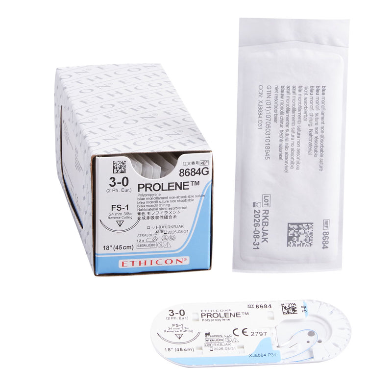 Nonabsorbable Suture with Needle Prolene Polypropylene FS-1 3/8 Circle Reverse Cutting Needle Size 3-0 Monofilament (Box of 12)