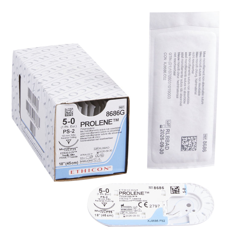 Nonabsorbable Suture with Needle Prolene Polypropylene PS-2 3/8 Circle Precision Reverse Cutting Needle Size 5-0 Monofilament 