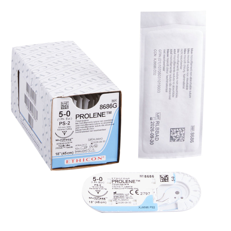 Nonabsorbable Suture with Needle Prolene Polypropylene PS-2 3/8 Circle Precision Reverse Cutting Needle Size 5-0 Monofilament (Box of 12)