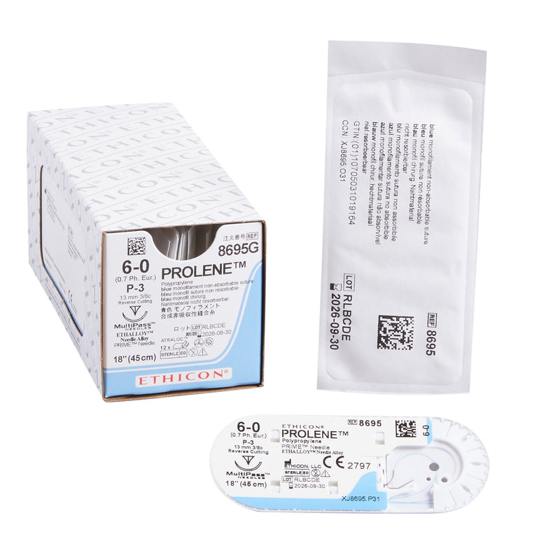 Nonabsorbable Suture with Needle Prolene Polypropylene P-3 3/8 Circle Precision Reverse Cutting Needle Size 6-0 Monofilament (Box of 12)