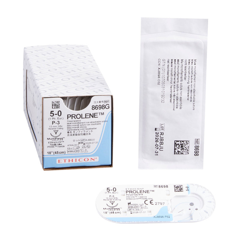 Nonabsorbable Suture with Needle Prolene Polypropylene P-3 3/8 Circle Precision Reverse Cutting Needle Size 5-0 Monofilament (Box of 12)