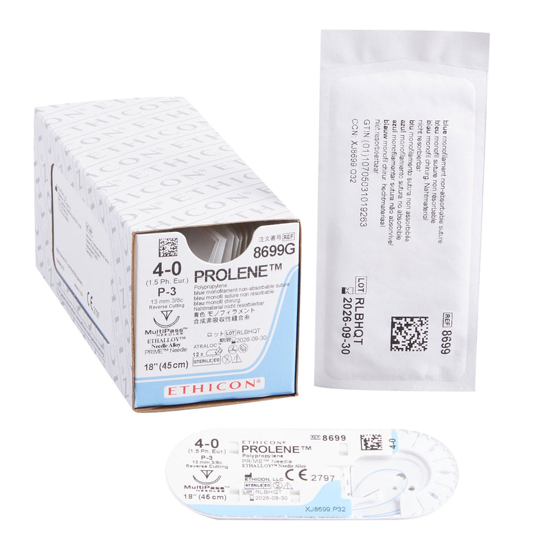 Nonabsorbable Suture with Needle Prolene Polypropylene P-3 3/8 Circle Precision Reverse Cutting Needle Size 4-0 Monofilament (Box of 12)