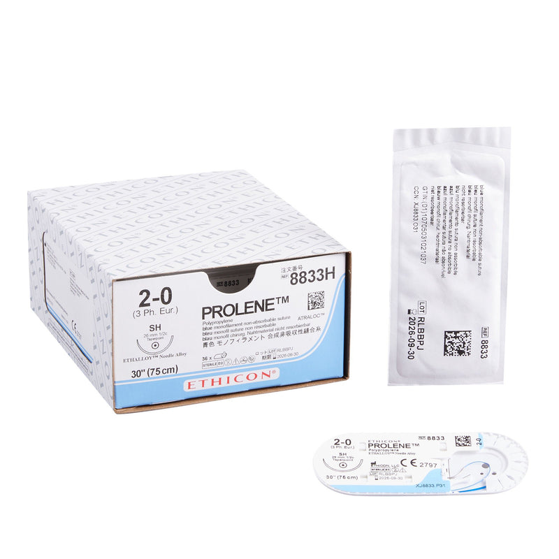 Nonabsorbable Suture with Needle Prolene Polypropylene SH 1/2 Circle Taper Point Needle Size 2-0 Monofilament (Box of 36)