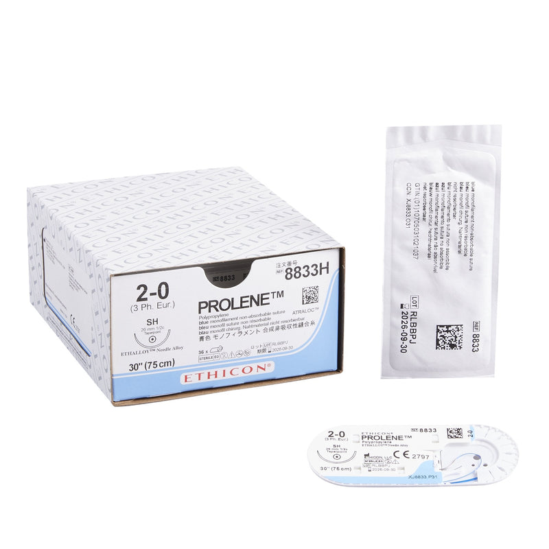 Nonabsorbable Suture with Needle Prolene Polypropylene SH 1/2 Circle Taper Point Needle Size 2-0 Monofilament 