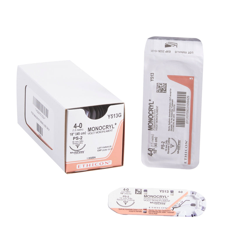 Absorbable Suture with Needle Monocryl Poliglecaprone PS-2 3/8 Circle Precision Reverse Cutting Needle Size 4-0 Monofilament 