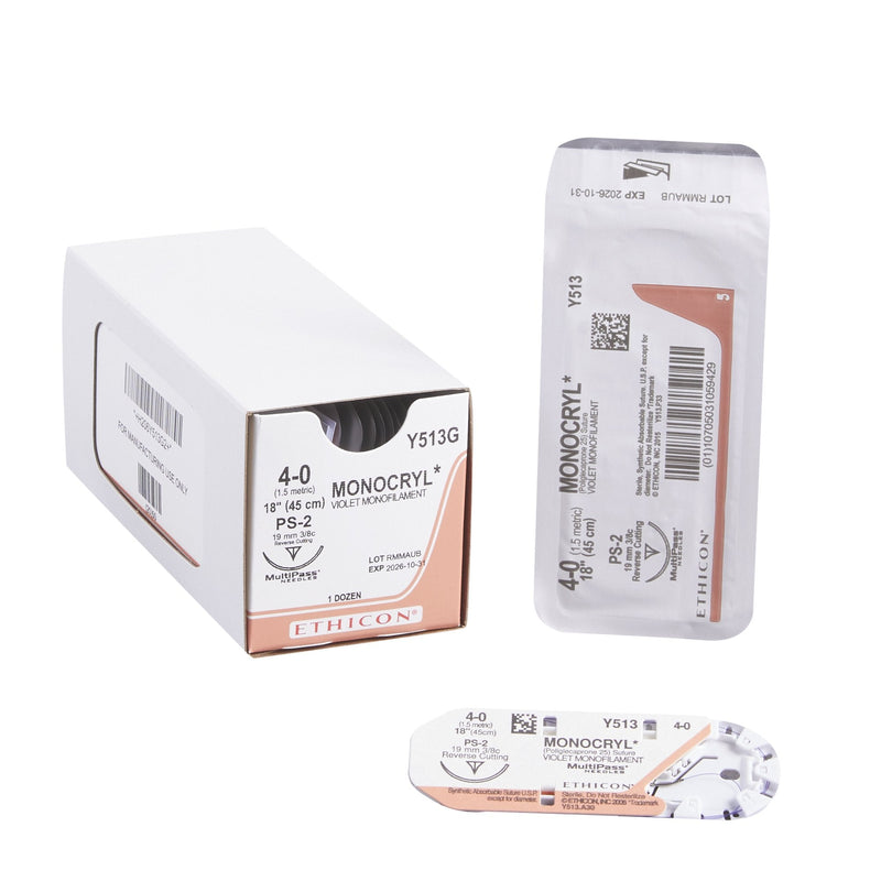 Absorbable Suture with Needle Monocryl Poliglecaprone PS-2 3/8 Circle Precision Reverse Cutting Needle Size 4-0 Monofilament 