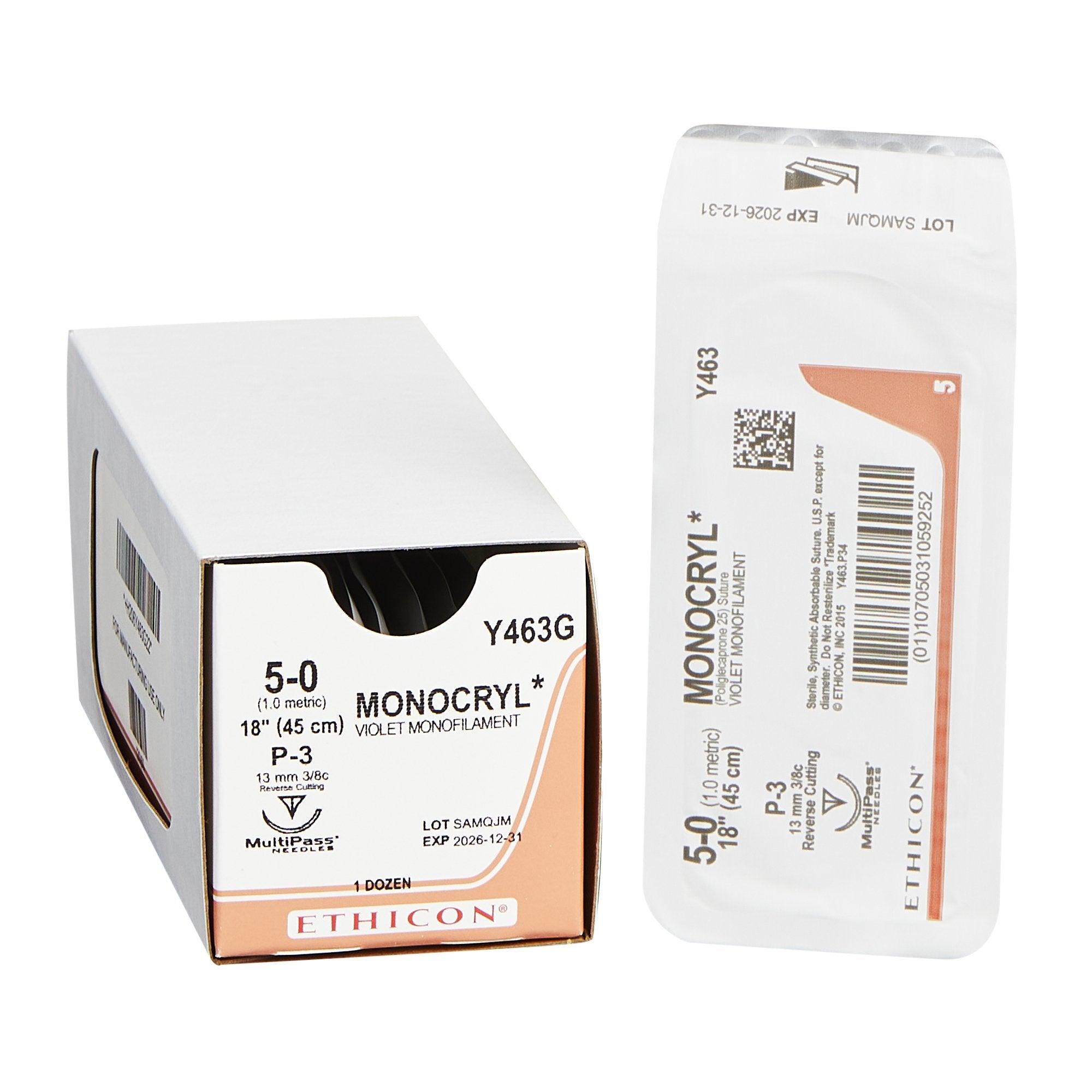 Absorbable Suture with Needle Monocryl Poliglecaprone P-3 3/8 Circle Precision Reverse Cutting Needle Size 5-0 Monofilament 
