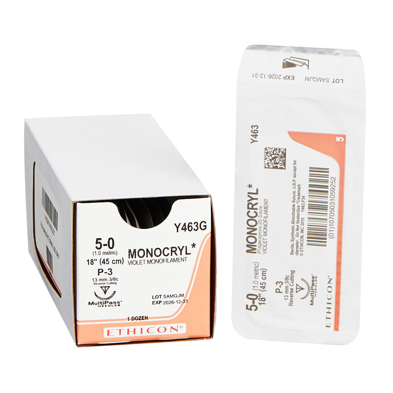 Absorbable Suture with Needle Monocryl Poliglecaprone P-3 3/8 Circle Precision Reverse Cutting Needle Size 5-0 Monofilament 