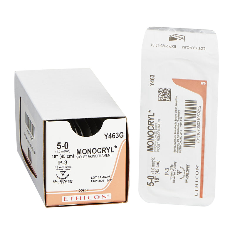 Absorbable Suture with Needle Monocryl Poliglecaprone P-3 3/8 Circle Precision Reverse Cutting Needle Size 5-0 Monofilament 