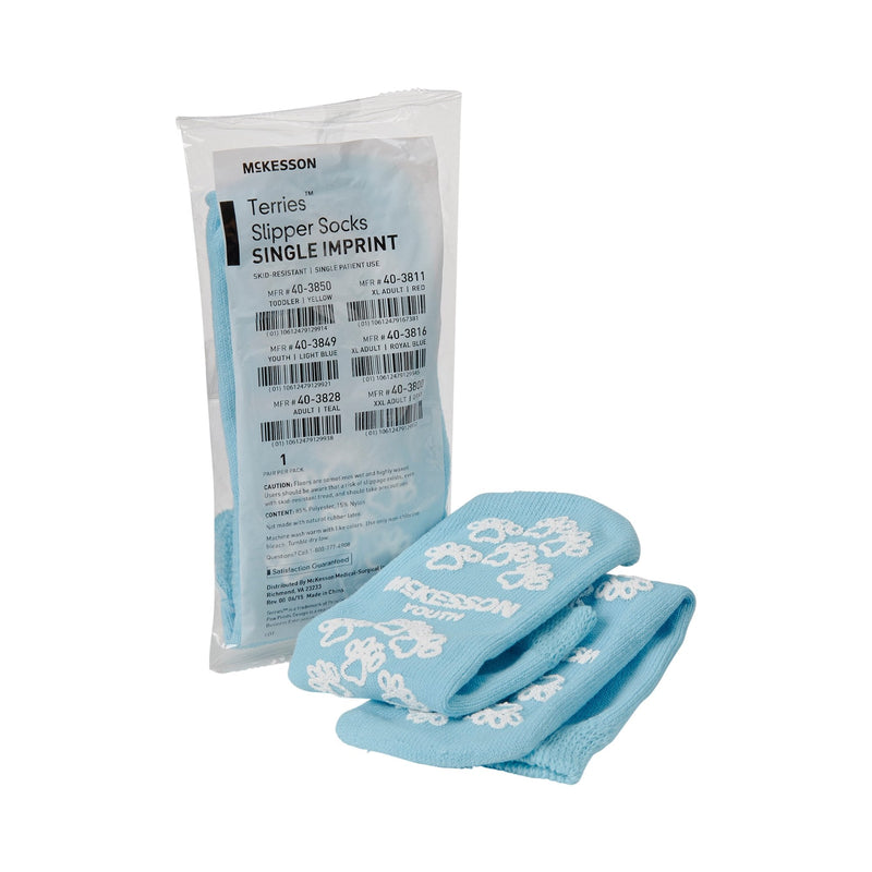 Slipper Socks McKesson Terries Unisex Child Single Tread Single Patient Use Light Blue 