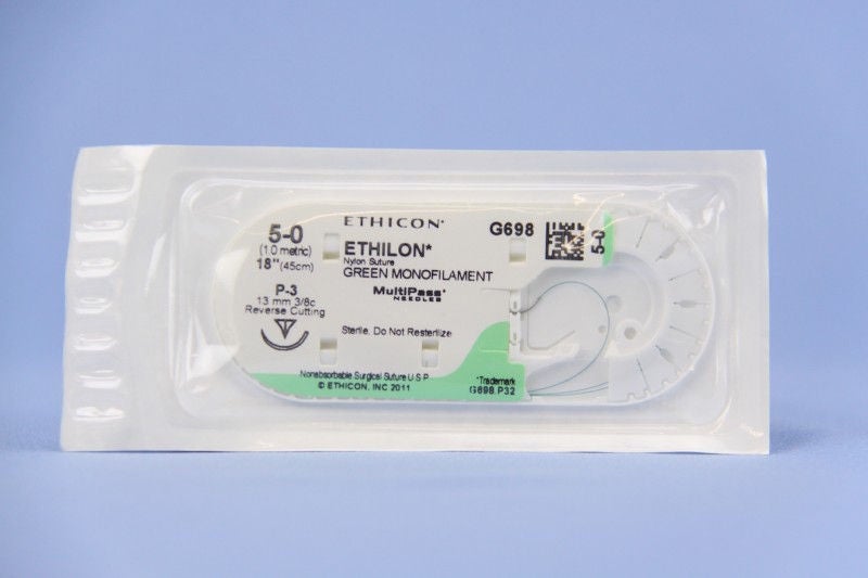 Nonabsorbable Suture with Needle Ethilon Nylon P-3 3/8 Circle Precision Reverse Cutting Needle Size 5-0 Monofilament 