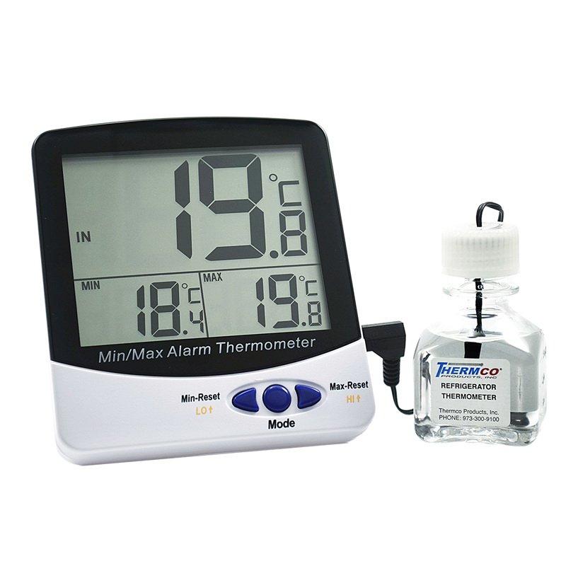 Digital Thermometer with Alarm Fahrenheit / Celsius -58° to +158°F (-50° to +70°C) Bottle Probe Flip-out Stand / Wall Mount Battery Operated (Each)