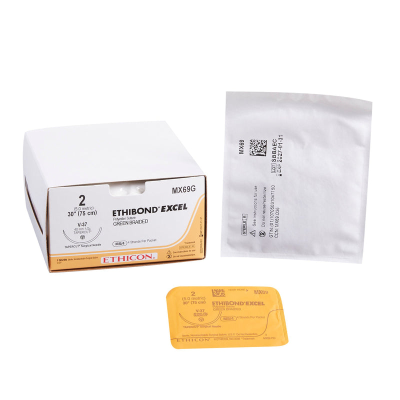 Nonabsorbable Suture with Needle Ethibond Polyester V-37 1/2 Circle Taper Cutting Needle Size 2 Braided (Box of 12)