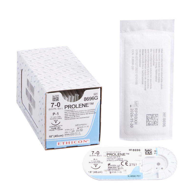 Nonabsorbable Suture with Needle Prolene Polypropylene P-1 3/8 Circle Precision Reverse Cutting Needle Size 7-0 Monofilament (Box of 12)
