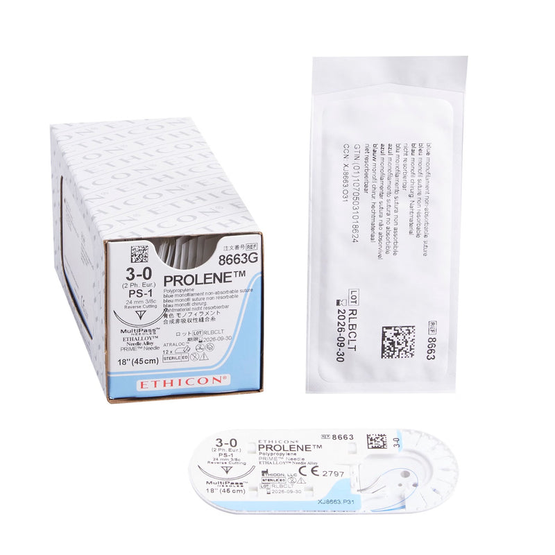 Nonabsorbable Suture with Needle Prolene Polypropylene PS-1 3/8 Circle Reverse Cutting Needle Size 3-0 Monofilament 