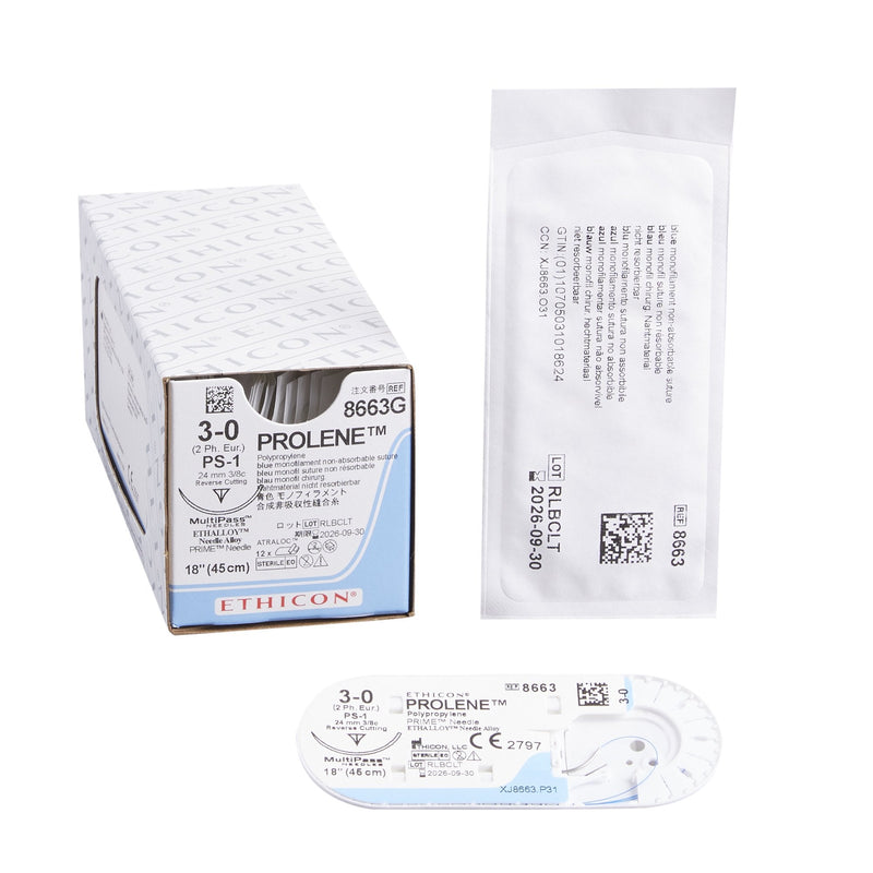 Nonabsorbable Suture with Needle Prolene Polypropylene PS-1 3/8 Circle Reverse Cutting Needle Size 3-0 Monofilament 
