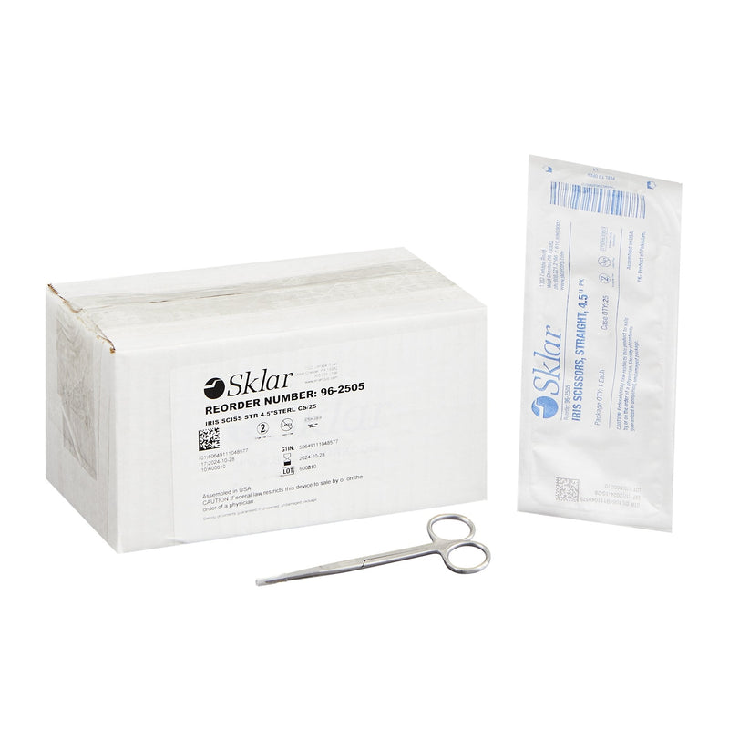 Iris Scissors Econo Sterile 4-1/2 Inch Length Floor / Office Grade Pakistani Stainless Steel Sterile Finger Ring Handle Straight Sharp Tip / Sharp Tip 
