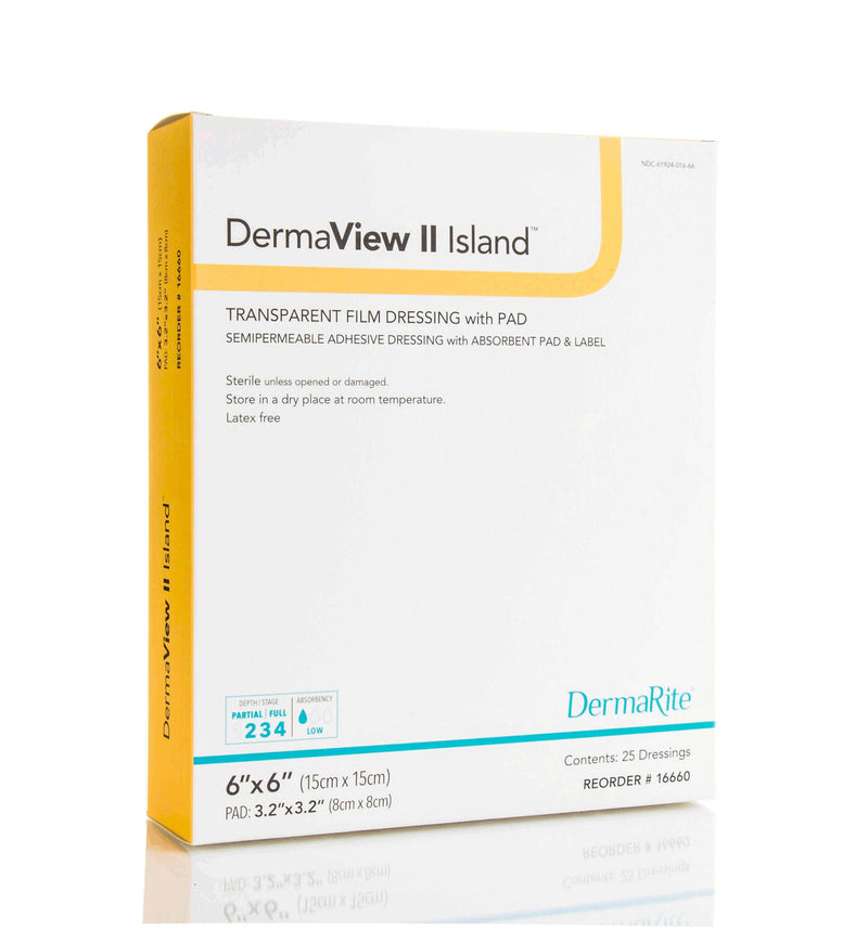 DermaView II Island Transparent Film Dressing with Pad, 6 x 6 Inch (Box of 25)
