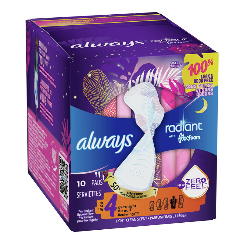 Always Radiant Overnight Pads, Size 4 (Box of 10)