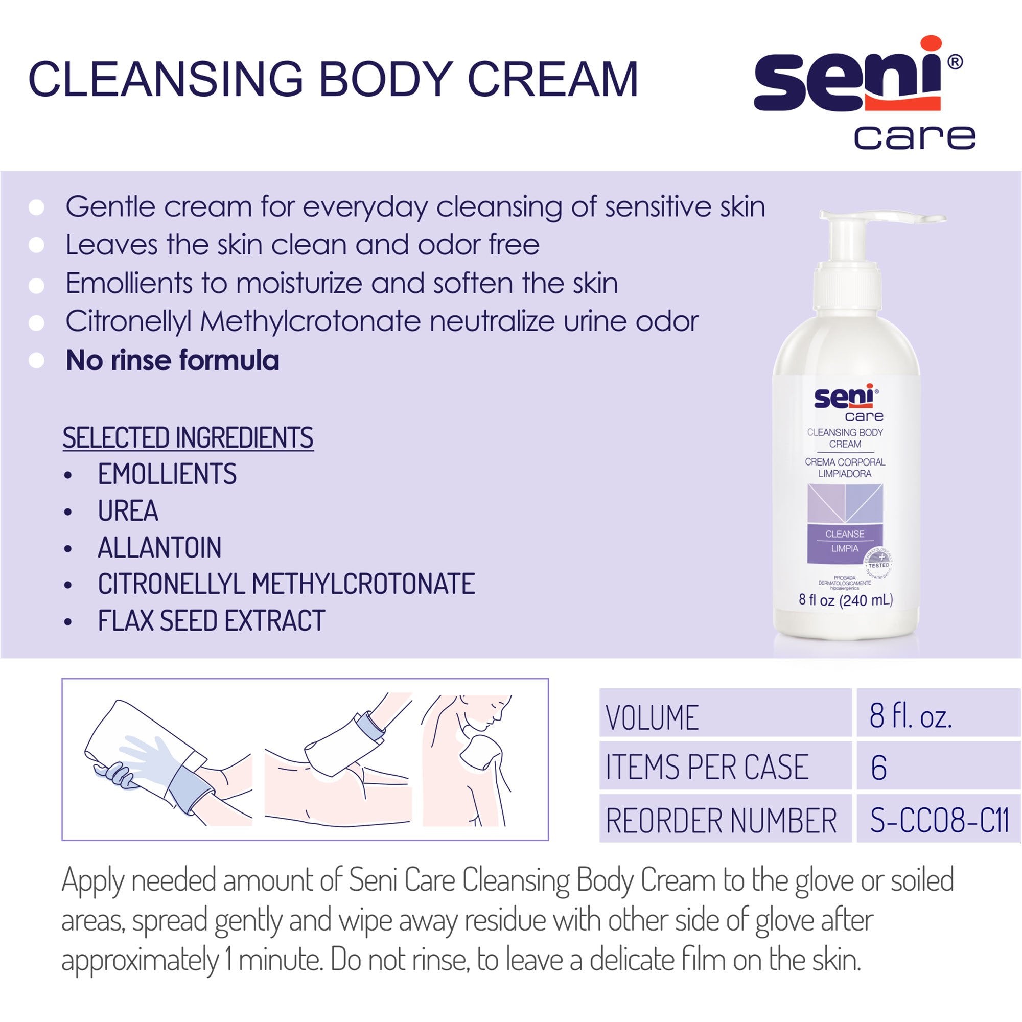 TZMO USA Inc Seni Care Rinse Free Body Wash, 8-ounce Pump Bottle (6/CS) 
