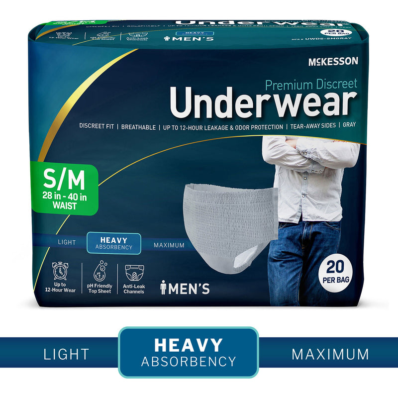 McKesson Premium Discreet Underwear for Men, Heavy Absorbency, Small/Medium (Case of 80)
