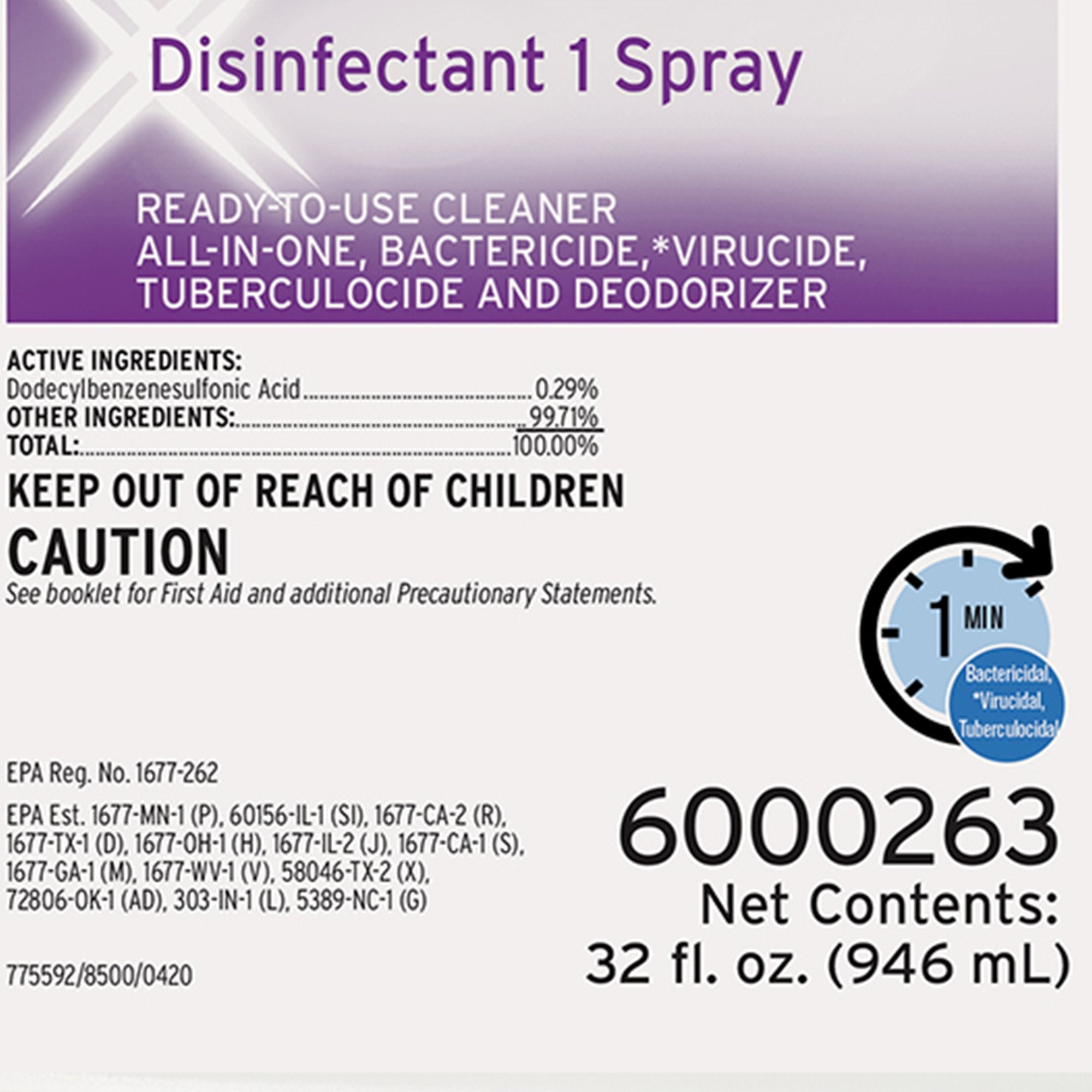 Ecolab Ecolab Disinfectant 1 Surface Disinfectant Cleaner, 32 oz. Spray Bottle (6/CS) 