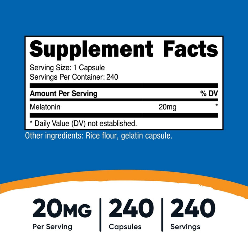 nutricost 20-mg Melatonin Capsules for Sleep Support (Bottle of 240)