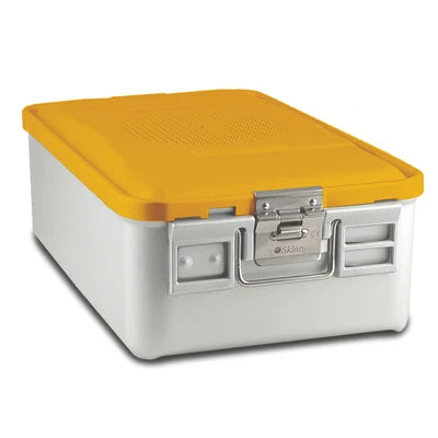 SklarLite Sterilization Container - Mid-Size, Standard Lid, Perforated Bottom, 18-1/4" x 11" x 6", Yellow - 10-4408