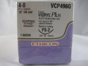 Absorbable Antibacterial Suture with Needle Coated Vicryl Plus Polyglactin 910 PS-2 3/8 Circle Precision Reverse Cutting Needle Size 4-0 Braided (Box of 12)