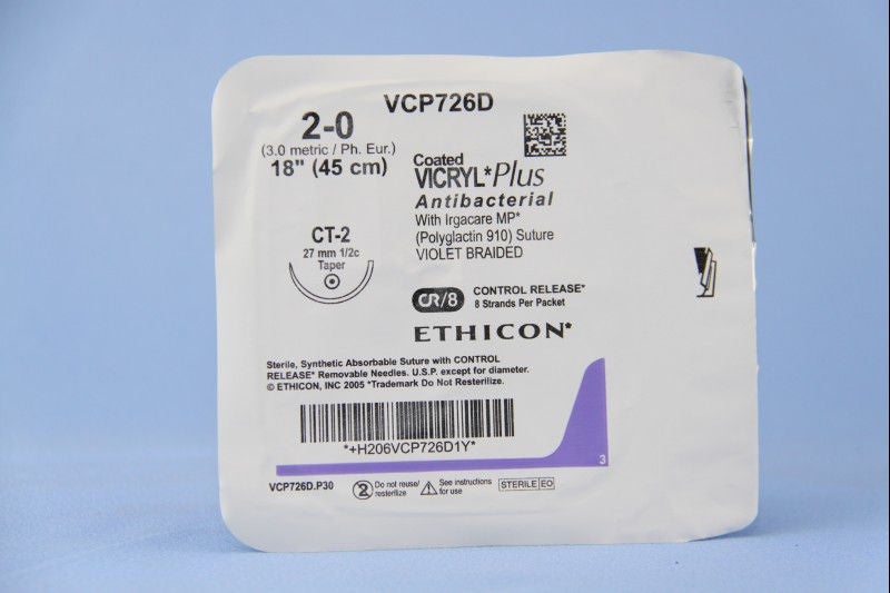 Absorbable Antibacterial Suture with Needle Coated Vicryl Plus Polyglactin 910 CT-2 1/2 Circle Taper Point Needle Size 2-0 Braided (Box of 12)
