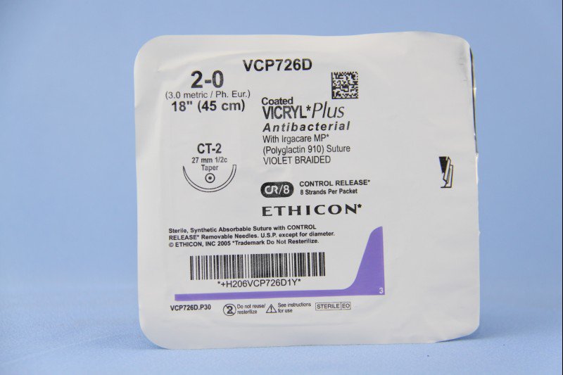 Absorbable Antibacterial Suture with Needle Coated Vicryl Plus Polyglactin 910 CT-2 1/2 Circle Taper Point Needle Size 2-0 Braided 