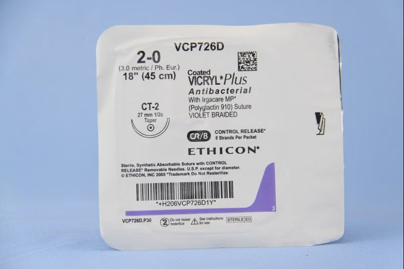 Absorbable Antibacterial Suture with Needle Coated Vicryl Plus Polyglactin 910 CT-2 1/2 Circle Taper Point Needle Size 2-0 Braided (Box of 12)