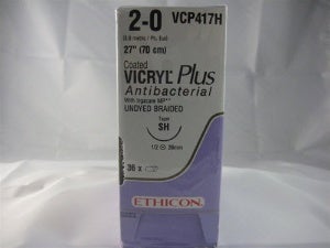 Absorbable Antibacterial Suture with Needle Coated Vicryl Plus Polyglactin 910 SH 1/2 Circle Taper Point Needle Size 2-0 Braided (Box of 36)