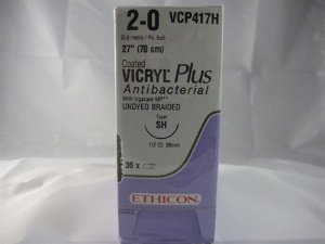 Absorbable Antibacterial Suture with Needle Coated Vicryl Plus Polyglactin 910 SH 1/2 Circle Taper Point Needle Size 2-0 Braided 